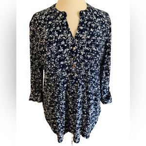 COCOMO blue white floral  3/4 sleeve women’s Pintuck Blouse top shirt LA…